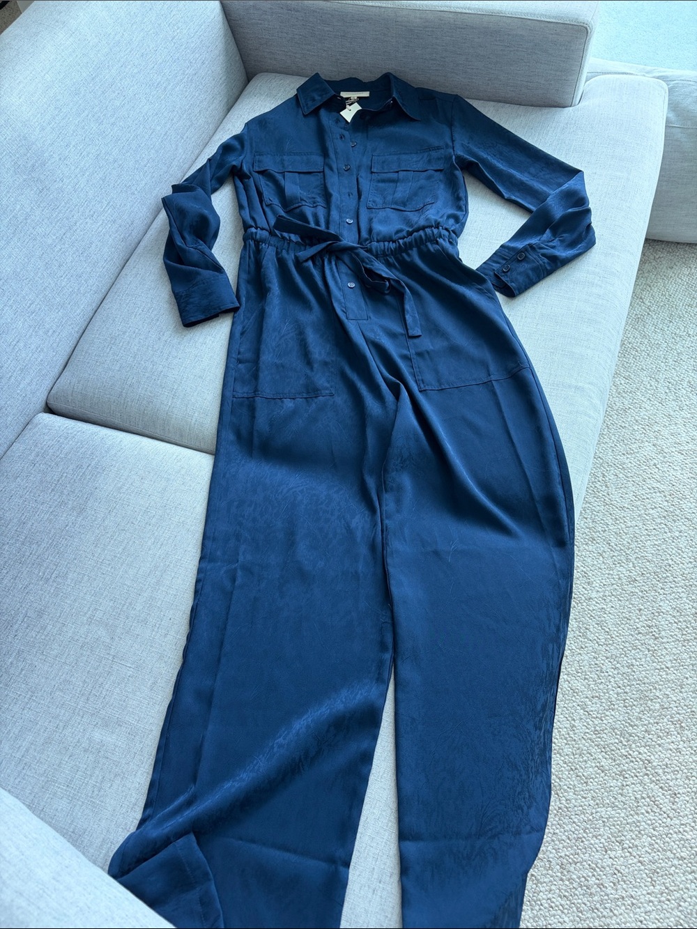 Brand New Classic Navy Long-Sleeve Button Jumpsuit with Tie Waist